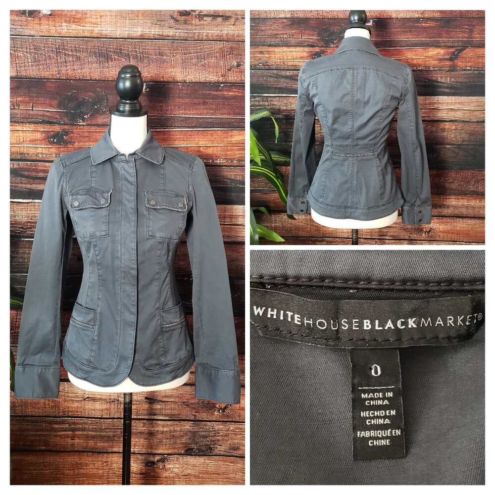 White House Black Market Jacket 0 Slate Gray Peplum Embellished Cotton Snap